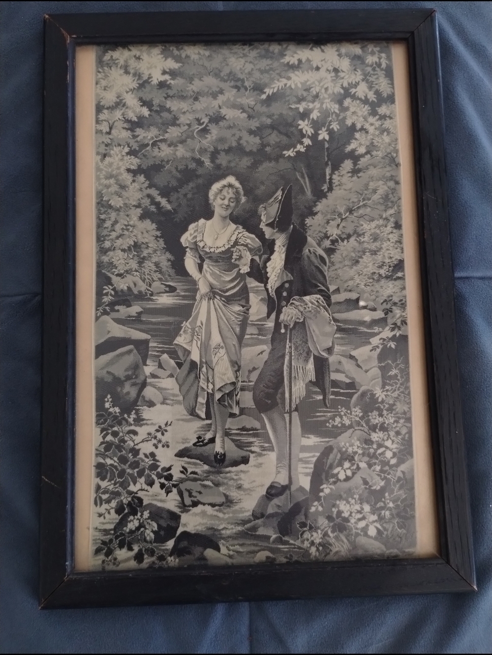 Vintage Black Framed Romantic Print - Monochrome Courtship Scene